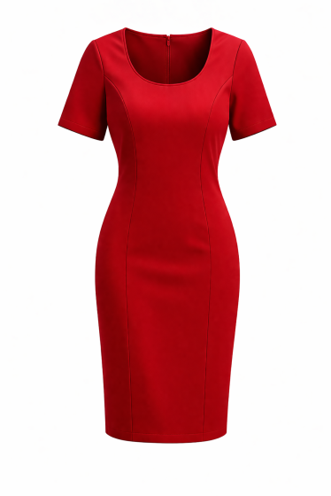 Red sheath dress on white backdrop